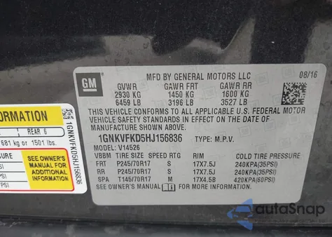 2017 Chevrolet Traverse Ls из США, поврежденный, VIN 1GNKVFKD5HJ156836